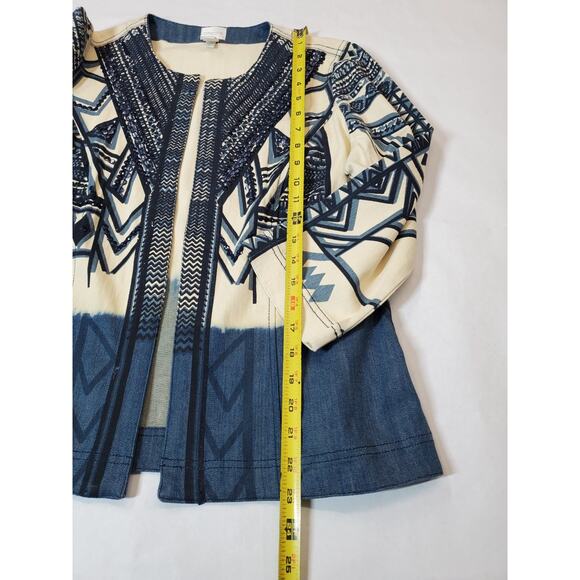 Chico's 1 Womens medium Denim Jacket Lightweight Open Front Blue Printed Sequins - Picture 7 of 8